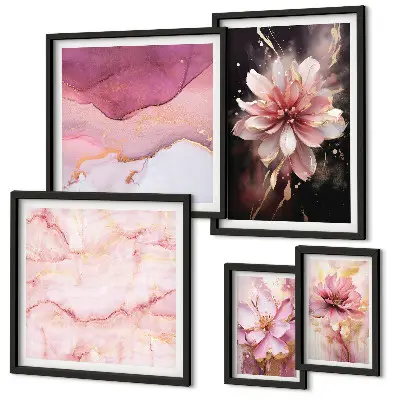 Rosa blomsterarrangemang tavelvägg med 5 tavlor