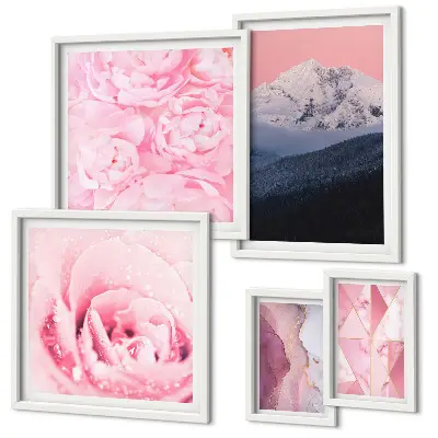 Tavelvägg med 5 tavlor rosa landskap med moderna blommor