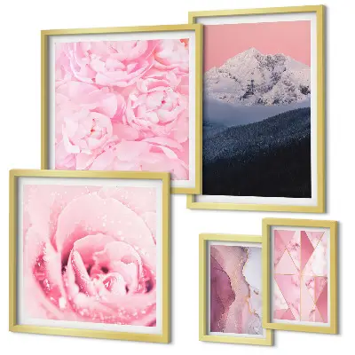 Tavelvägg med 5 tavlor rosa landskap med moderna blommor