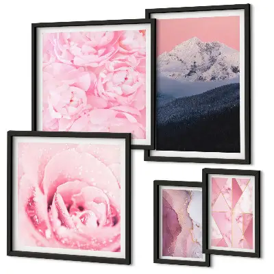 Tavelvägg med 5 tavlor rosa landskap med moderna blommor