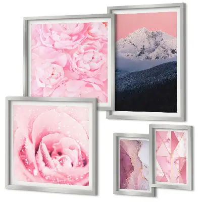 Tavelvägg med 5 tavlor rosa landskap med moderna blommor