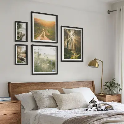 Tavelset med väggdekoration skogslandskap med sol och vatten