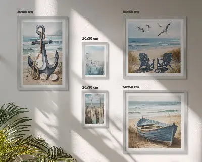 Tavelvägg med 5 tavlor med inspiration från havet och stranden