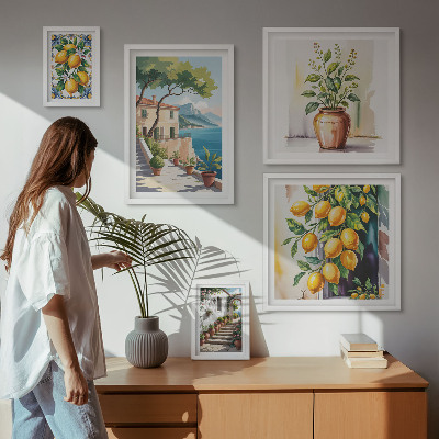 Tavelvägg med 5 tavlor Landskap med citrusträd och vegetation