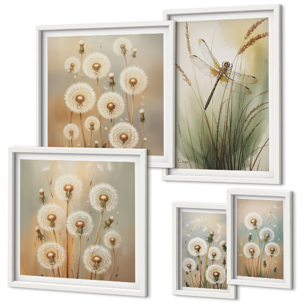 Set om 5 tavlor Blommotiv av trollsländor och maskrosor