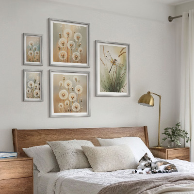Set om 5 tavlor Blommotiv av trollsländor och maskrosor