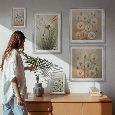 Set om 5 tavlor Blommotiv av trollsländor och maskrosor