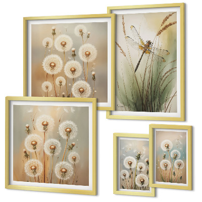 Set om 5 tavlor Blommotiv av trollsländor och maskrosor