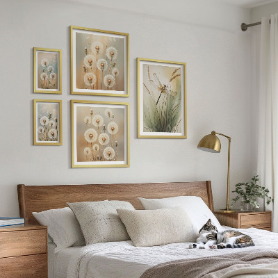 Set om 5 tavlor Blommotiv av trollsländor och maskrosor