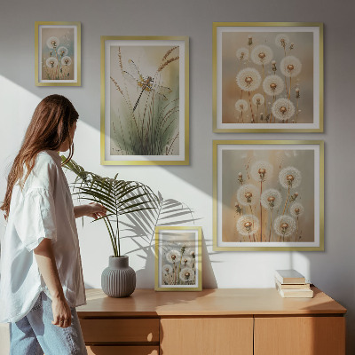 Set om 5 tavlor Blommotiv av trollsländor och maskrosor