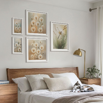 Set om 5 tavlor Blommotiv av trollsländor och maskrosor