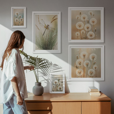 Set om 5 tavlor Blommotiv av trollsländor och maskrosor