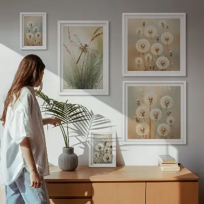 Blommotiv av trollsländor och maskrosor set om 5 tavlor