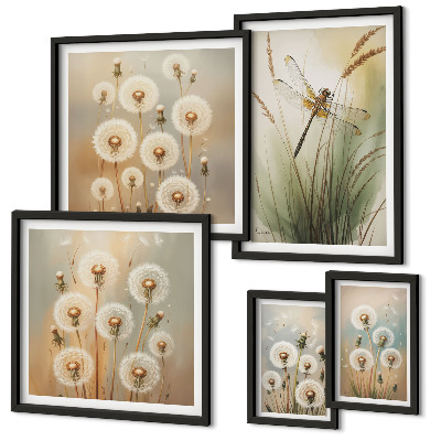 Set om 5 tavlor Blommotiv av trollsländor och maskrosor