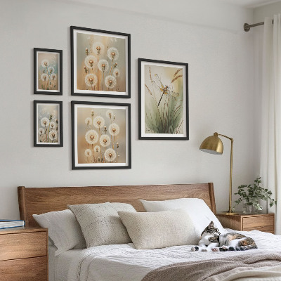 Set om 5 tavlor Blommotiv av trollsländor och maskrosor