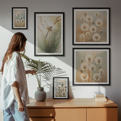 Set om 5 tavlor Blommotiv av trollsländor och maskrosor