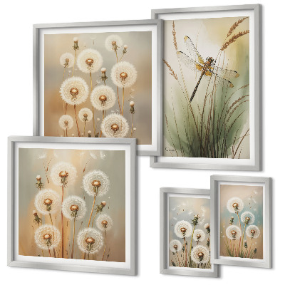 Set om 5 tavlor Blommotiv av trollsländor och maskrosor