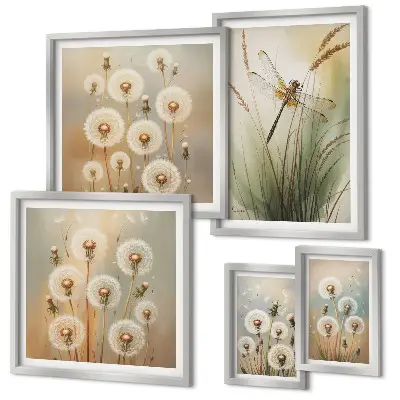 Blommotiv av trollsländor och maskrosor set om 5 tavlor