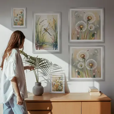 Tavelvägg med 5 tavlor med motiv av blommiga trollsländor i naturstil