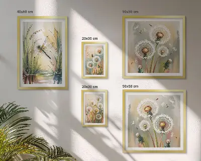 Tavelvägg med 5 tavlor med motiv av blommiga trollsländor i naturstil