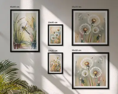 Tavelvägg med 5 tavlor med motiv av blommiga trollsländor i naturstil