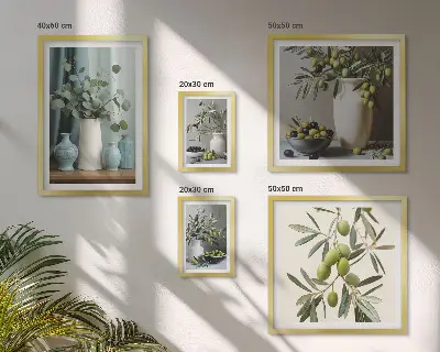 Gröna oliver och blommor i skandinavisk stil set med 5 tavlor