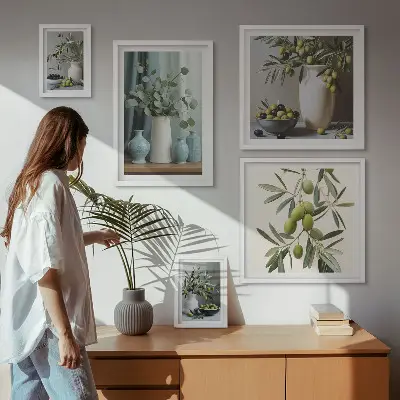 Gröna oliver och blommor i skandinavisk stil set med 5 tavlor