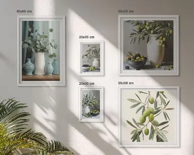 Gröna oliver och blommor i skandinavisk stil set med 5 tavlor