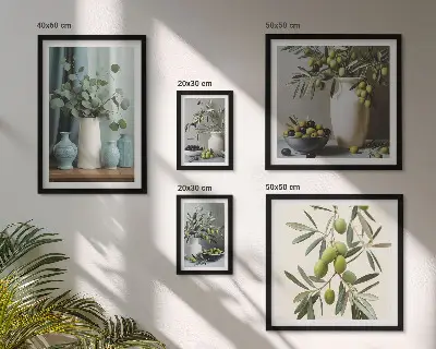 Gröna oliver och blommor i skandinavisk stil set med 5 tavlor