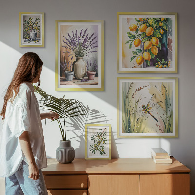 Väggdekoration tavelset Blommiga citronoliver Rustik