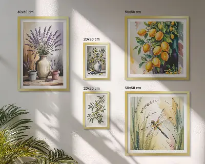 Tavelset med väggdekoration rustikt motiv med blommiga citroner och oliver