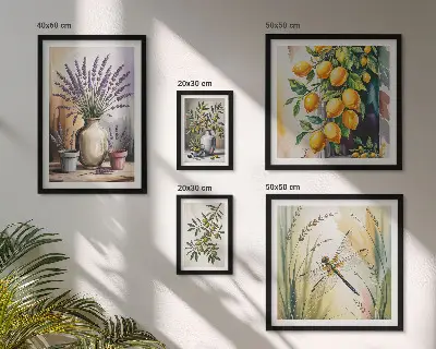 Tavelset med väggdekoration rustikt motiv med blommiga citroner och oliver