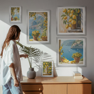 Tavelvägg med 5 tavlor Citron accenter Provence hav