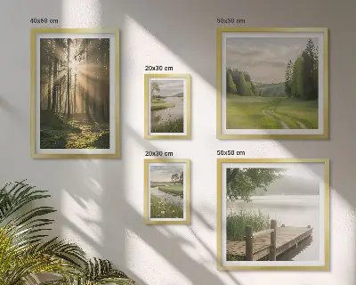 Tavelvägg med 5 tavlor motiv av skogslandskap med sol och vatten