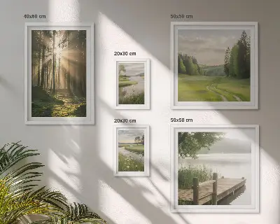 Tavelvägg med 5 tavlor motiv av skogslandskap med sol och vatten