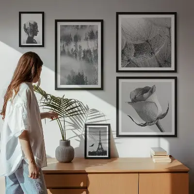 Tavelset med väggdekoration svartvitt motiv av natur och stad
