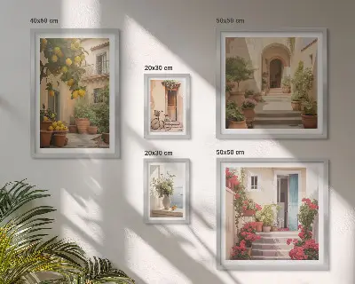 Tavelvägg med 5 tavlor med motiv av gator, blommor och citrusfrukter i Provence