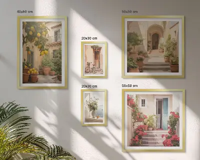 Tavelvägg med 5 tavlor med motiv av gator, blommor och citrusfrukter i Provence