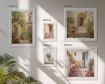 Tavelvägg med 5 tavlor med motiv av gator, blommor och citrusfrukter i Provence