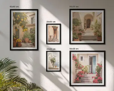 Tavelvägg med 5 tavlor med motiv av gator, blommor och citrusfrukter i Provence
