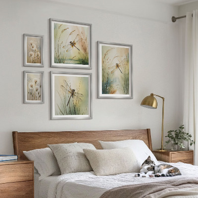 Tavelvägg med 5 tavlor Boho naturmotiv med trollsländor