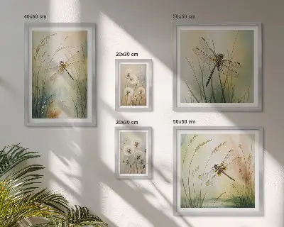 Tavelvägg med 5 tavlor boho-inspirerade naturmotiv med trollsländor