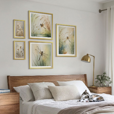 Tavelvägg med 5 tavlor Boho naturmotiv med trollsländor