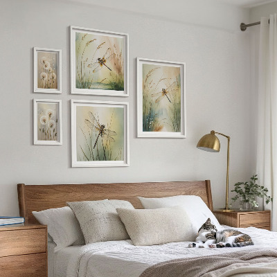 Tavelvägg med 5 tavlor Boho naturmotiv med trollsländor