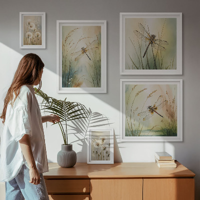 Tavelvägg med 5 tavlor Boho naturmotiv med trollsländor