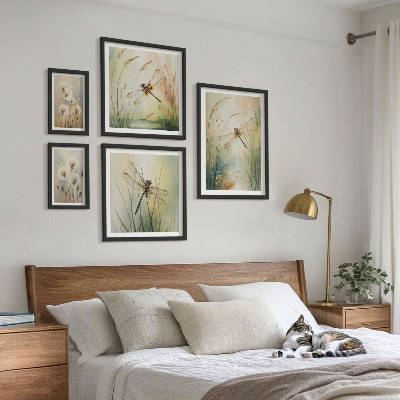 Tavelvägg med 5 tavlor Boho naturmotiv med trollsländor