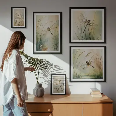 Tavelvägg med 5 tavlor boho-inspirerade naturmotiv med trollsländor