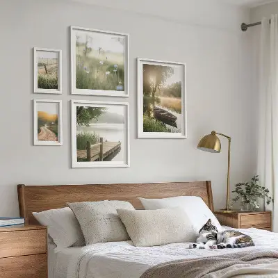 Lugna landskap med grönt vatten set om 5 tavlor