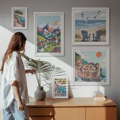 Väggdekoration tavelset Retro bergs- och havslandskap