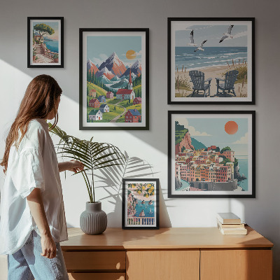 Väggdekoration tavelset Retro bergs- och havslandskap